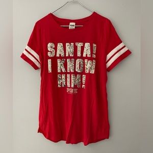 Pink Victoria’s Secret Santa I Know Him Elf Sequin Tee Shirt Size L